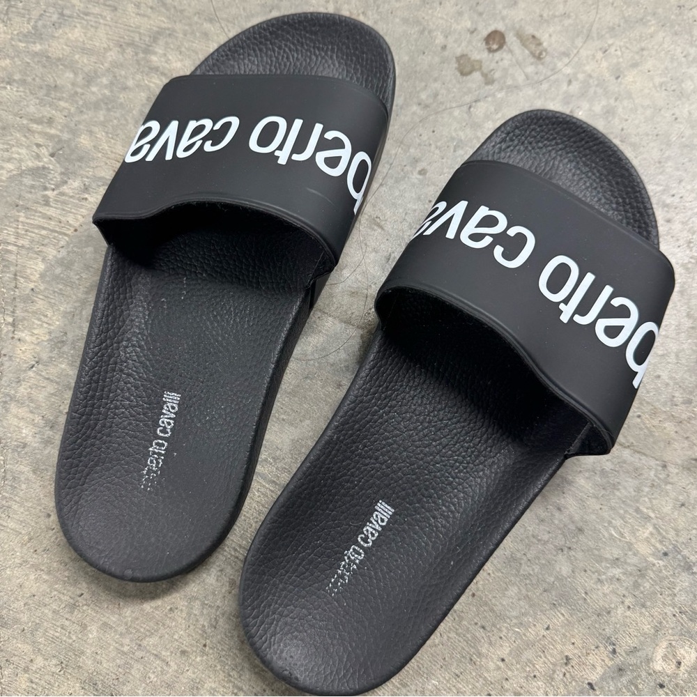 Roberto Cavalli Classic Logo Black Slide‎ Sandals Size 8 Designer Luxury